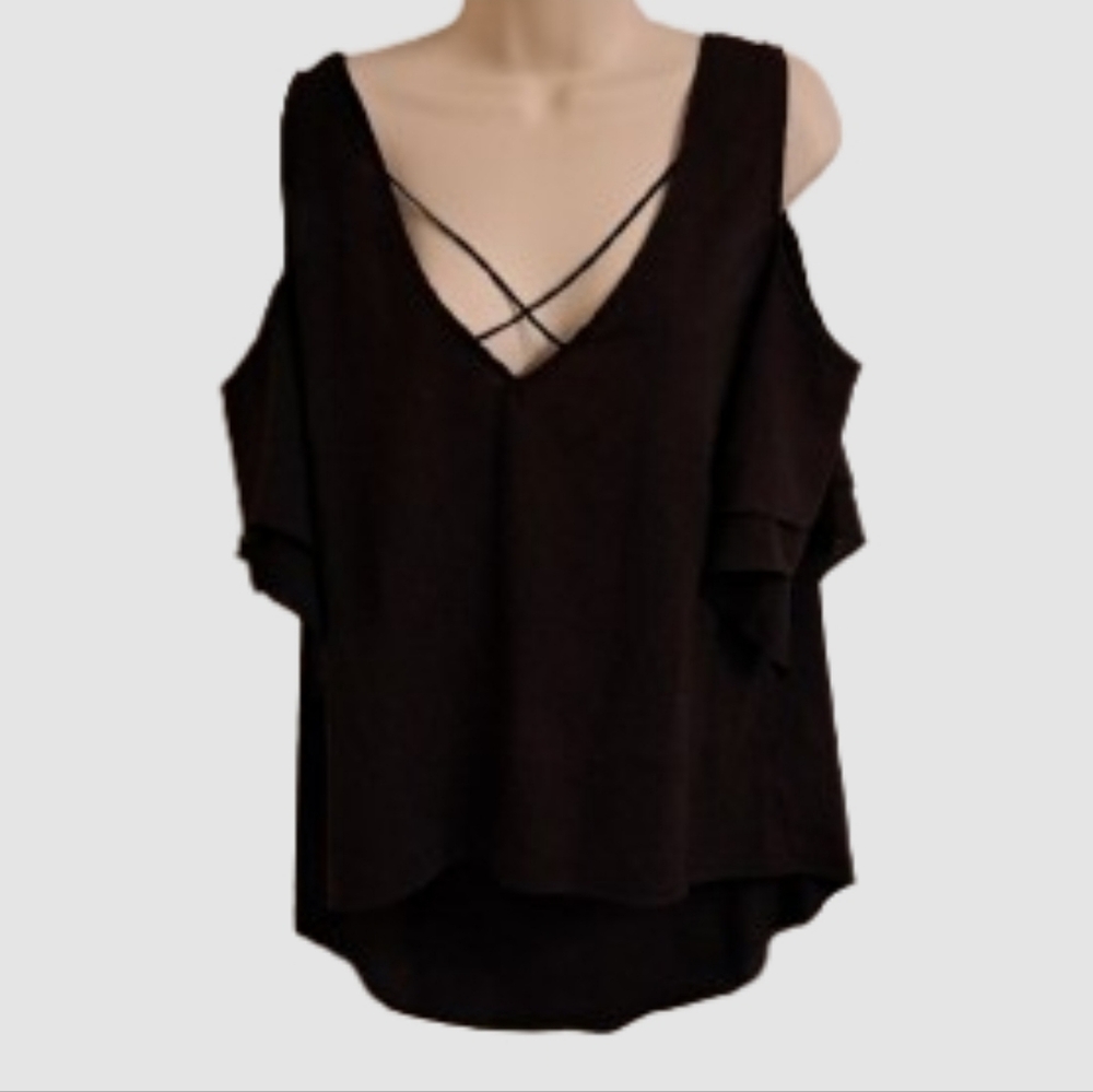 Bisou Bisou Black Cold Shoulder Blouse #1